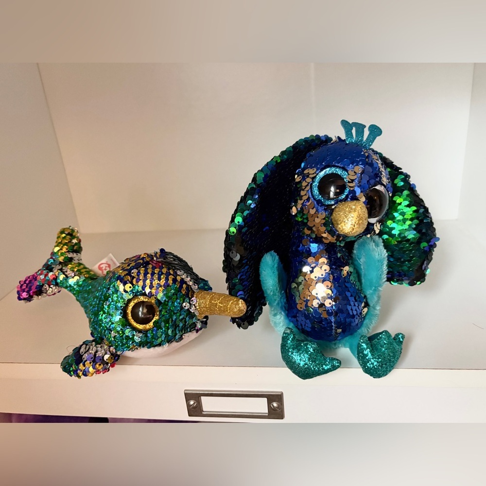TY Flippables Tyson the Peacock & Calypso the Narwhal EUC collectible plush